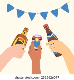 Cheers post card with beer glasses in hands isolated on simple background. Hand drawn trendy flat vector illustrations for bar menu, beer festival.