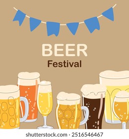 Cheers post card with different types of beer glasses isolated on simple background. Hand drawn trendy flat vector illustrations for bar menu, beer festival.