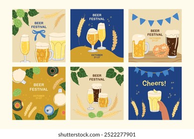 Cheers post card with different types of beer glasses isolated on simple background. Hand drawn trendy flat vector illustrations for bar menu, beer festival.