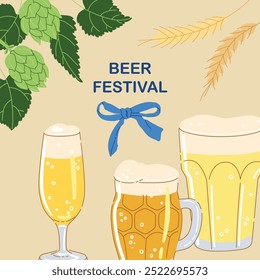 Cheers post card with different types of beer glasses isolated on simple background. Hand drawn trendy flat vector illustrations for bar menu, beer festival.