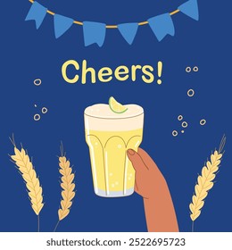 Cheers post card with different types of beer glasses isolated on simple background. Hand drawn trendy flat vector illustrations for bar menu, beer festival.