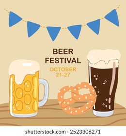 Cheers post card with different types of beer glasses isolated on simple background. Hand drawn trendy flat vector illustrations for bar menu, beer festival.