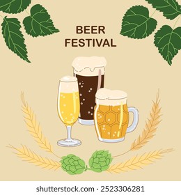 Cheers post card with different types of beer glasses isolated on simple background. Hand drawn trendy flat vector illustrations for bar menu, beer festival.