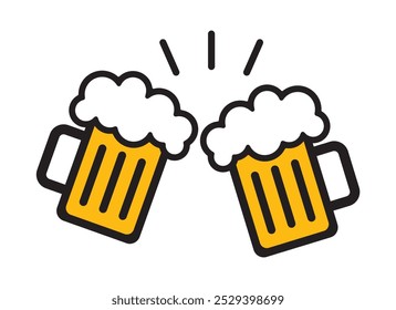 Cheers in the Pub, bar. Two beer mugs with foam toasting together. Beer mugs with foam, isolated on a white background. Beer mug icon emoji illustration. Cheer up friend.Lager beer. Toasting with mugs