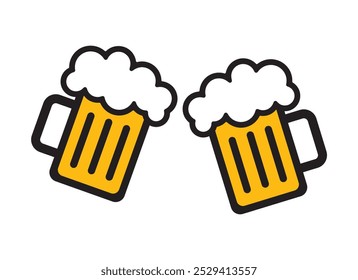 Cheers in the Pub, bar. Two beer mugs with foam toasting together. Beer mugs with foam, isolated on a white background. Beer mug icon emoji illustration. Cheer up friend.Lager beer. Toasting with mugs