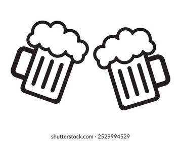 Cheers in the Pub, bar. Two beer mugs with foam toasting together. Beer mugs with foam, isolated on a white background. Beer mug icon outline vector. Cheer up friend.Lager beer. Toasting with mugs.