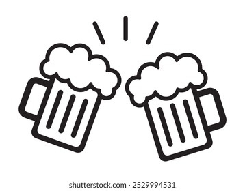 Cheers in the Pub, bar. Two beer mugs with foam toasting together. Beer mugs with foam, isolated on a white background. Beer mug icon outline vector. Cheer up friend.Lager beer. Toasting with mugs.