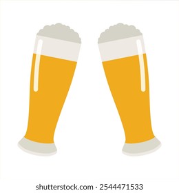 Cheers in the Pub, bar. Two beer glasses with foam toasting together. Beer mugs with foam isolated on a white background. Beer mugs icon illustration. Cheer up friend. Lager beer.Toasting with glasses