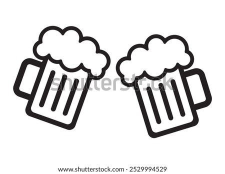 Cheers in the Pub, bar. Two beer mugs with foam toasting together. Beer mugs with foam, isolated on a white background. Beer mug icon outline vector. Cheer up friend.Lager beer. Toasting with mugs.