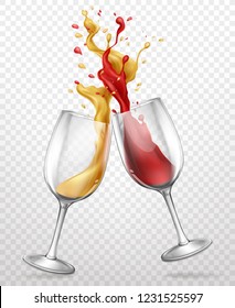 Cheers Realistic Vector Concept With Red And White Wine Splashing, Spilling From Clinking Glass Wineglasses 3d Illustration Isolated On Transparent Background. Holiday Celebration, Party Booze Concept