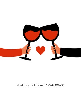 Cheers with red heart, wine glasses and male and female hands. Cartoon style drawn vector illustration. Design for banner, celebration posters, greeting cards, web, invitation template to party