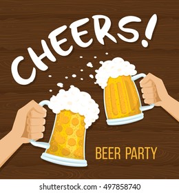 Cheers! Rising hands with beer glass mugs with foam on wooden background. Beer party invitation poster. Vector flat illustration.