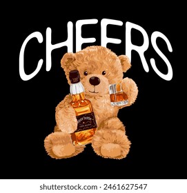 Cheers-Slogan mit Bärenpuppe, die Spirituosenflasche hält, grafische handgezeichnete Vektorillustration auf schwarzem Hintergrund