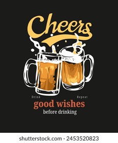 Cheers Slogan mit Bierkrügen Splash Handgezeichnete Vektorillustration auf schwarzem Hintergrund