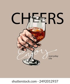 cheers slogan with hand holding wine glasses graphic vector illustration