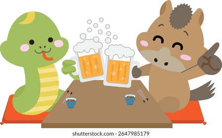 Cheers with Snake and Horse! Zodiac Characters Celebrating Together