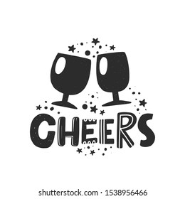 Cheers stylized black ink lettering. Hand drawn grunge style typography with drops. Christmas, New Year concept. Winter holiday poster, banner, postcard, greeting card design element