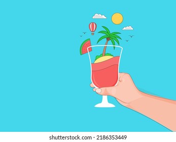 Cheers to summer drink, a concept with a beach background, shiny sun, palm tree, hot air balloon and watermelon. Flat style illustration for summer holidays or travel concepts.