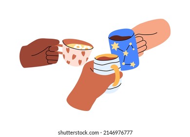 Cheers with tea and coffee cups. Hands with mugs with non-alcohol drinks. Diverse friends gathering, celebrating holiday, holding teacups. Flat graphic vector illustration isolated on white background