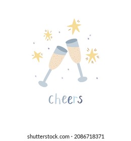 Cheers text and champagne glasses with stars and sparkles