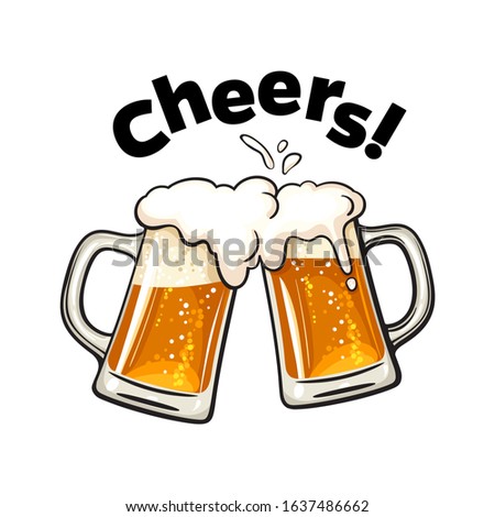  Cheers! text. Two toasting beer mugs. Clinking glass tankards full of beer and splashed foam. Design elements for beer production, brewery, pub, bar. Vector illustration isolated on white background.