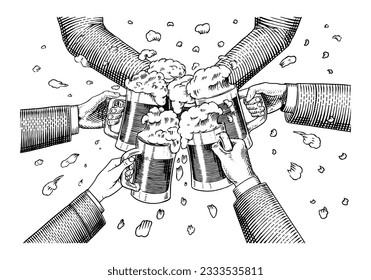 Cheers toast. Beer festival. Vintage Alcoholic. Mug with drink in hand. American banner or poster. Party and holiday. Hand drawn engraved sketch for web, pub menu.