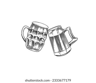 Cheers toast. Beer festival. Vintage Alcoholic. Mug with drink. American banner or poster. Party and holiday. Hand drawn engraved sketch for web, pub menu.