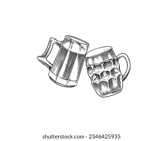 Cheers toast. Beer festival. Vintage Alcoholic. Mug with drink. American banner or poster. Party and holiday. Hand drawn engraved sketch for web, pub menu.