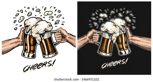 Cheers toast. Beer in hand. Vintage Alcoholic Label with calligraphic element. American banner or poster. Hand drawn engraved sketch lettering for web, pub menu.