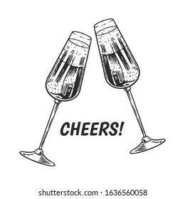 Cheers Toast. Clink Glasses Of Champagne Or Sparkling Wine In Hand. Celebration Concept. Grape Alcoholic Drink. Vintage Badge. Splashing Alcohol Template Label. Semi Sweet Dry Drink. Drawn Engraved.