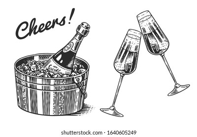 Cheers toast. Clink glasses of champagne or sparkling wine in hand. Celebration concept. Grape alcoholic drink. Vintage badge. Splashing alcohol Template Label. Semi sweet dry drink. Drawn engraved.