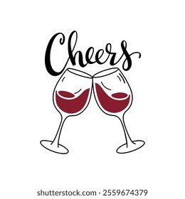 Cheers Toast And Clink Glasses Of Wine In Hand. Celebration Concept. Vector With Cheers Text In Silhouette Style