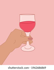 Cheers toast concept. Glass of wine in hand. Vector illustration