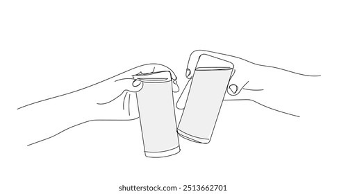 Cheers toast festive decoration for holidays, romantic Valentine's Day design. One continuous line drawing of two Clinked Glasses Of Turkish Raki alcoholic drinks. 