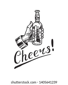 Cheers toast. Glass of beer in vintage style. Alcoholic Label with calligraphic elements. Classic American badge for poster banner. Hand drawn engraved sketch lettering for web, pub menu.