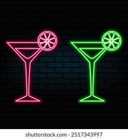 Cheers toast. Neon cocktail. Fashion sign. Night light signboard, Glowing banner. Summer emblem. Club Bar logo on dark background. Alcohol drink with an umbrella in a glass.