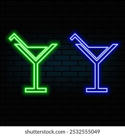 Cheers toast. Neon cocktail. Fashion sign. Night light signboard, Glowing banner. Summer emblem. Club Bar logo on dark background. Alcohol drink with an umbrella in a glass..5