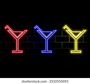 Cheers toast. Neon cocktail. Fashion sign. Night light signboard, Glowing banner. Summer emblem. Club Bar logo on dark background. Alcohol drink with an umbrella in a glass..