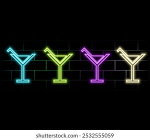 Cheers toast. Neon cocktail. Fashion sign. Night light signboard, Glowing banner. Summer emblem. Club Bar logo on dark background. Alcohol drink with an umbrella in a glass..3