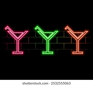 Cheers toast. Neon cocktail. Fashion sign. Night light signboard, Glowing banner. Summer emblem. Club Bar logo on dark background. Alcohol drink with an umbrella in a glass..2.