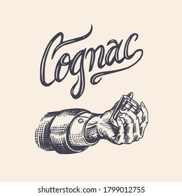 Cheers toast. Vintage American Cognac or liquor badge. Shot in hand. Alcoholic Label for poster banner. Glass with strong drink. Drawn engraved sketch lettering for t-shirt.
