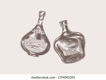 Cheers toast. Vintage Cognac badge. Alcoholic Label for poster banner. Bottle of brandy with strong drink. Hand Drawn engraved sketch lettering for t-shirt.