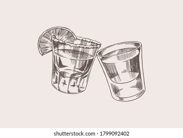 Cheers toast. Vintage Mexican tequila badge. Glass shots with strong drink. Alcoholic Label for poster banner. Hand Drawn engraved sketch lettering for t-shirt.