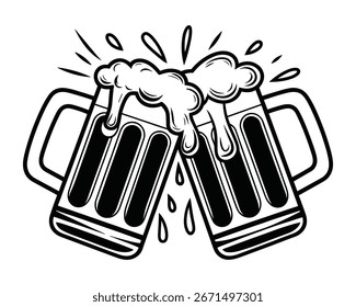 ¡Salud! Dos tazas de cerveza chocando en una Ilustración vectorial con espuma y burbujas
