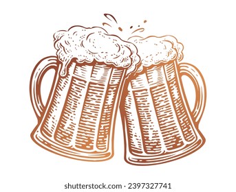 Cheers, Two beer mugs toast. Clinking glass glasses full of ale and splashes of foam. Vector illustration