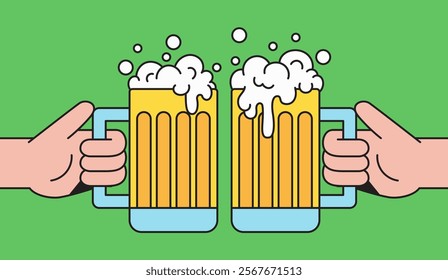 Cheers with two frothy beer mugs clinking together in a fun lifestyle cartoon hand drawn illustration for pub promotions or party-themed graphics