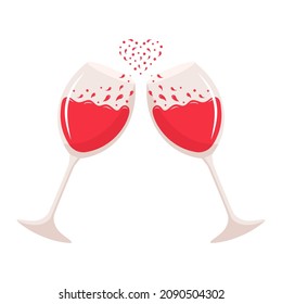 Cheers with two glasses of red wine. Heart-shaped splash of wine. Alcoholic drink for dinner, holiday. 