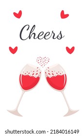 Saludos con dos copas de vino tinto. Un batido de vino en forma de corazón.  Cita de ánimo. Tarjeta de saludo o afiche. El concepto del día de amor y San Valentín.