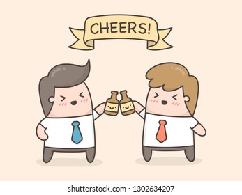 Cheers! Two hands holding two beer bottles. Cute cartoon illustration.