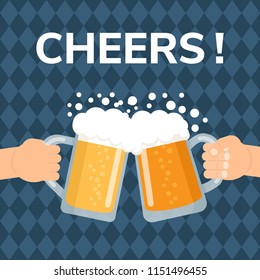 Cheers! Two hands holding and clinking with two beer glasses mug. Template for web, flyer ,banner, poster and card design. Vector illustration.